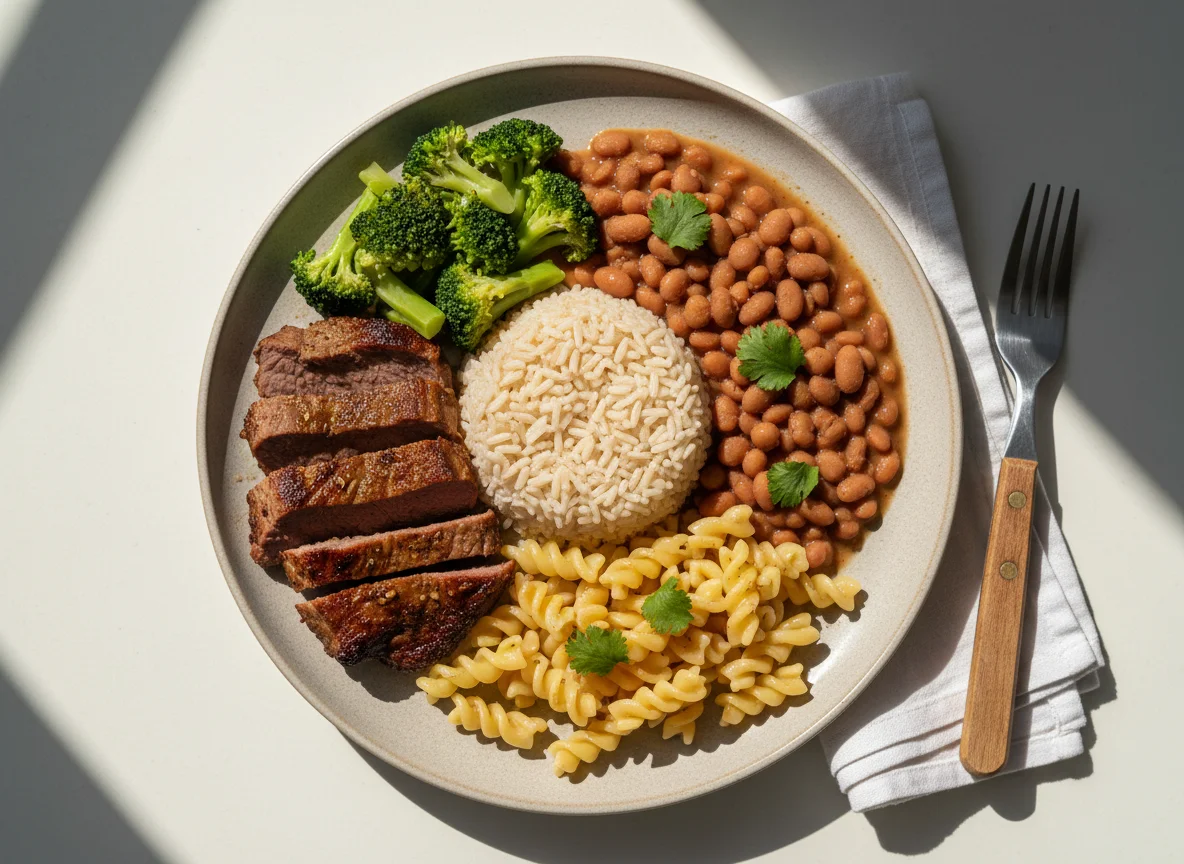 Prato variado com carne, feijão, arroz, brócolis e massa photo