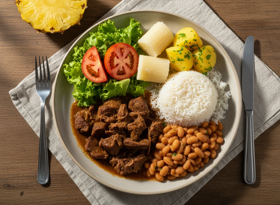 Prato variado com carne, feijão, arroz e acompanhamentos photo
