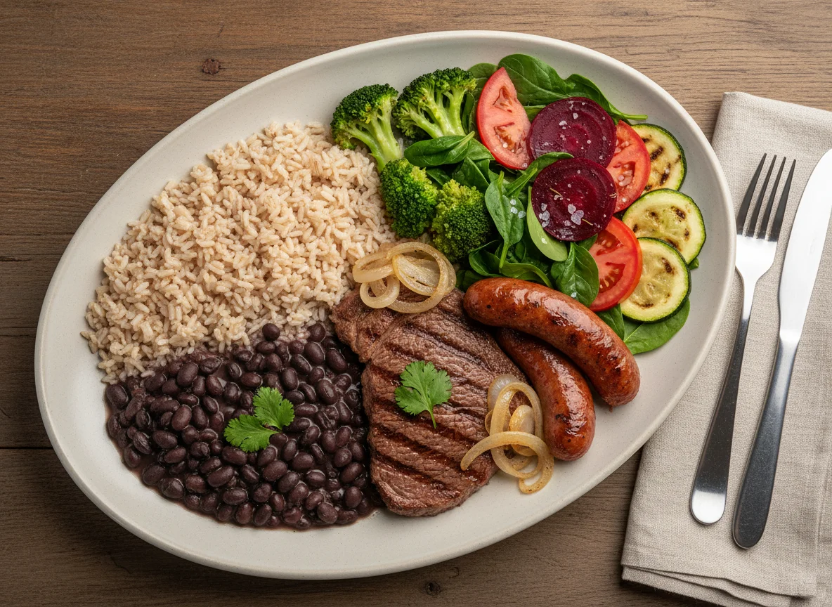 Prato variado com carne, feijão, arroz e salada photo