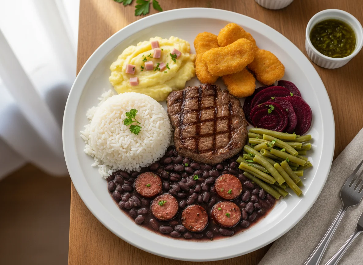 Prato variado com carne, feijão e acompanhamentos photo