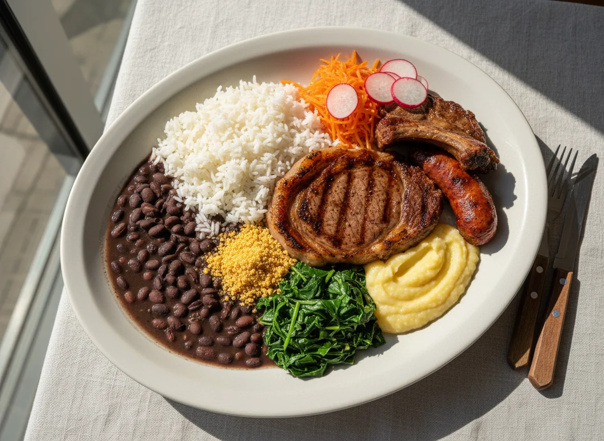 Prato variado com carne, feijão e arroz photo