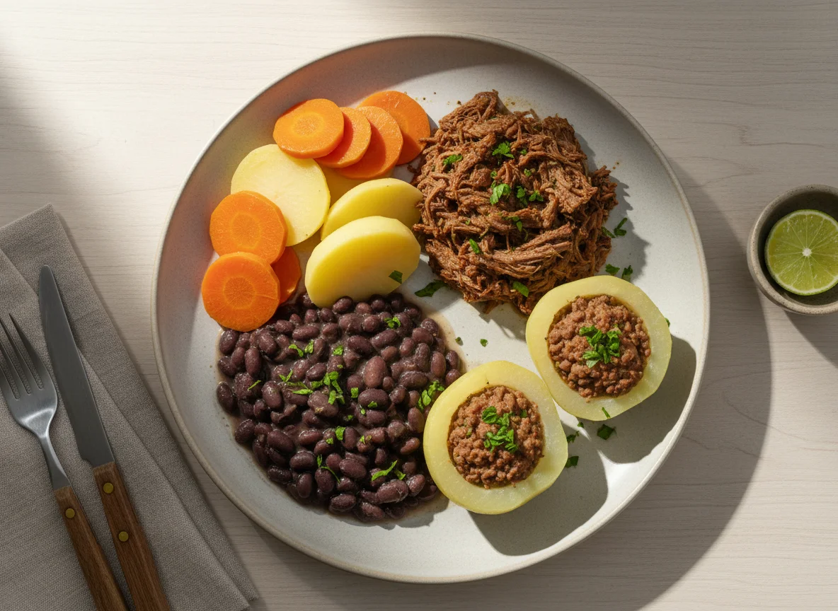 Prato variado com carne, feijão e legumes photo