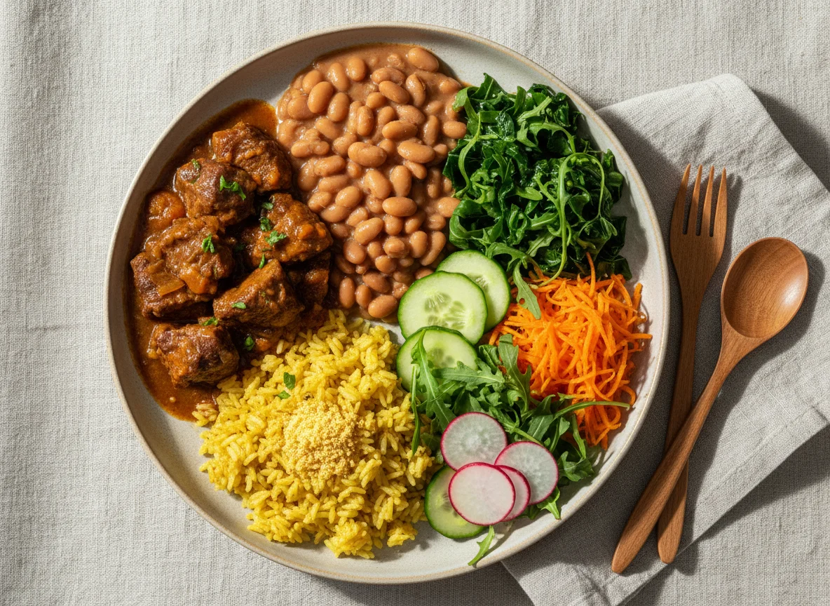 Prato variado com carne, feijão e salada photo