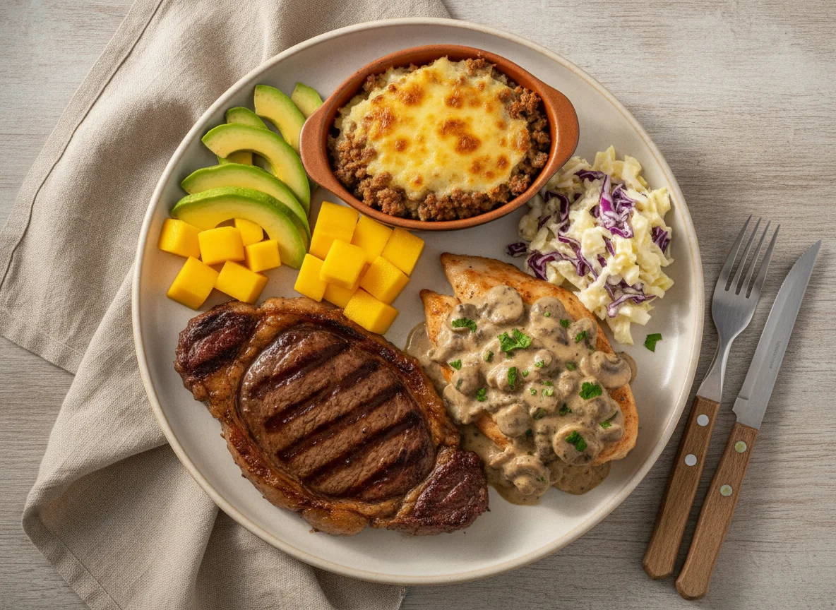 Prato variado com carne, frango ao molho de cogumelos e acompanhamentos photo