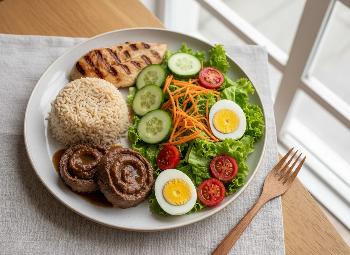 Prato variado com carne, frango, arroz integral e salada photo