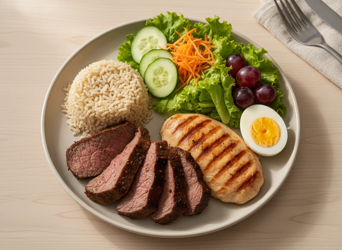 Prato variado com carne, frango, arroz integral, ovo e salada photo