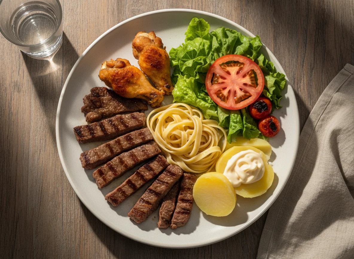 Prato variado com carne, frango, batata e salada photo