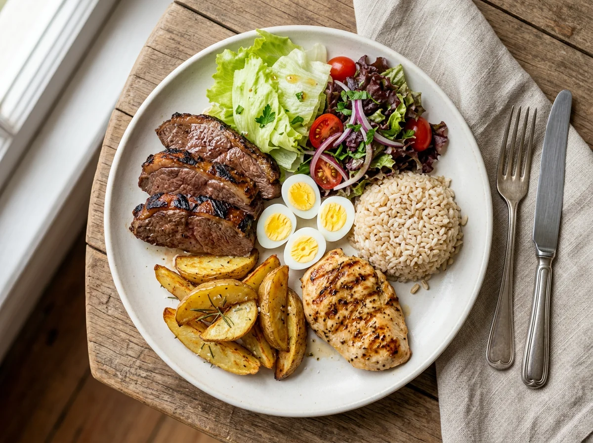 Prato variado com carne, frango, batatas e ovos de codorna photo