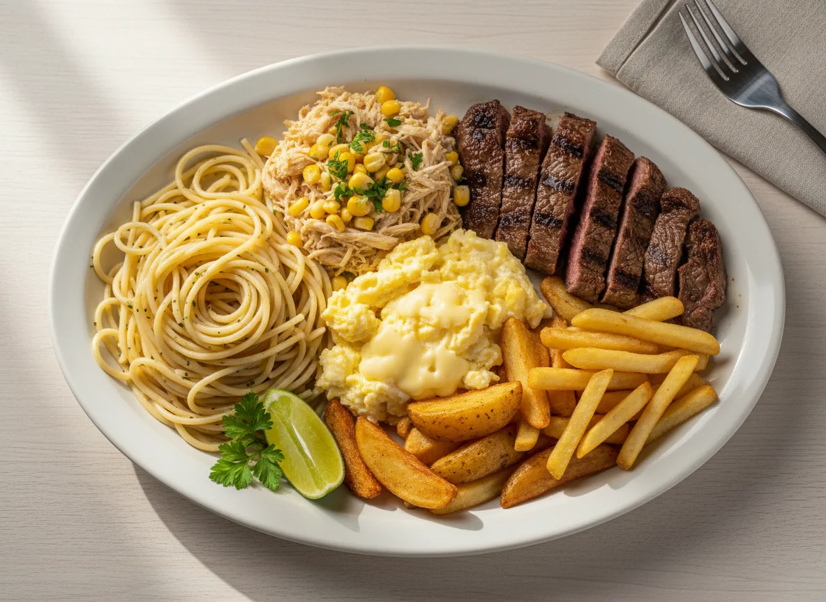 Prato variado com carne, frango desfiado, ovos mexidos, batata e macarrão photo