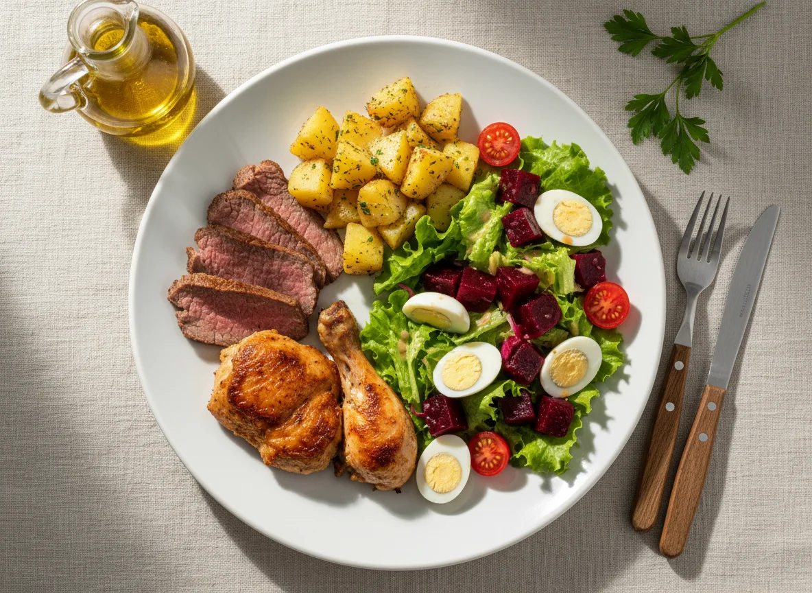 Prato variado com carne, frango e salada photo