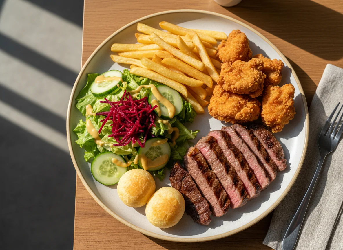 Prato variado com carne, frango frito e salada photo