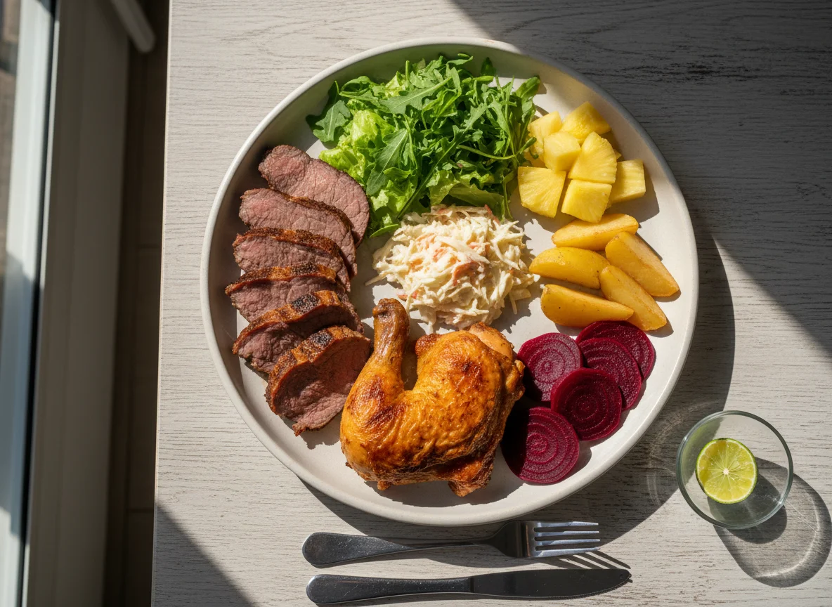 Prato variado com carne, frango, salada e acompanhamentos photo