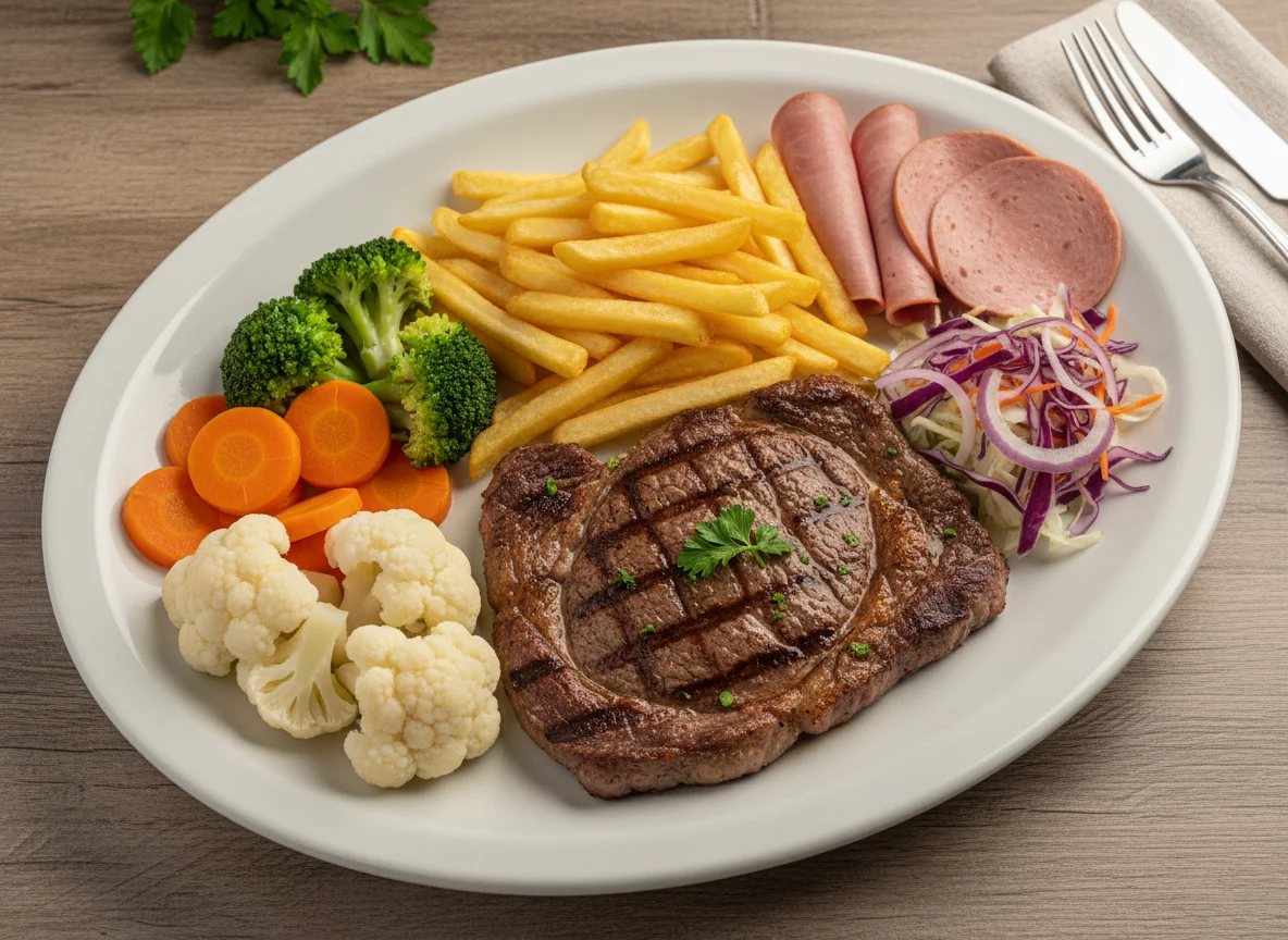 Prato variado com carne, frios e acompanhamentos photo