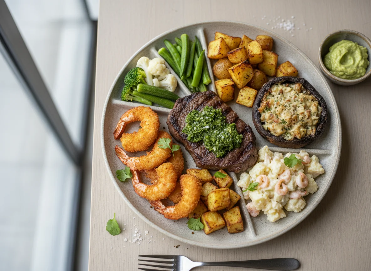 Prato variado com carne, frutos do mar e vegetais photo