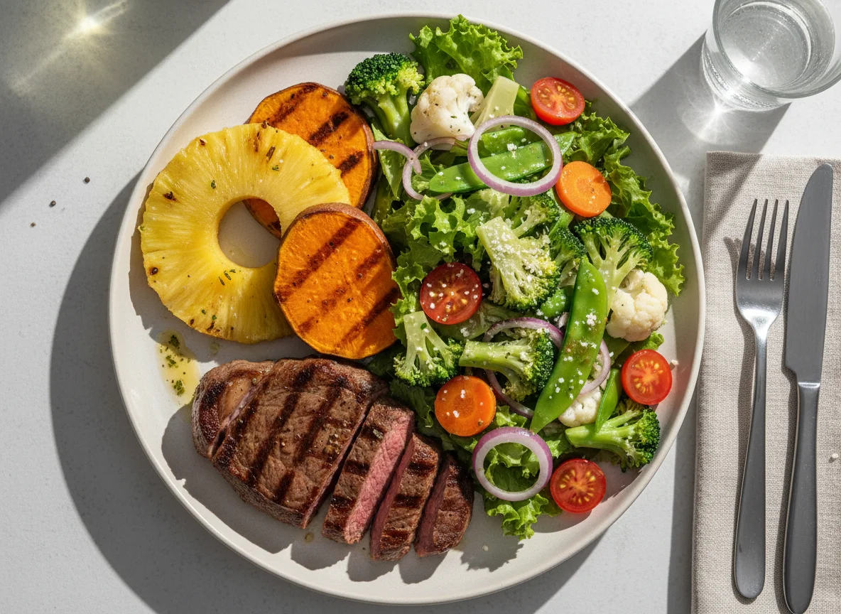 Prato variado com carne grelhada e salada photo