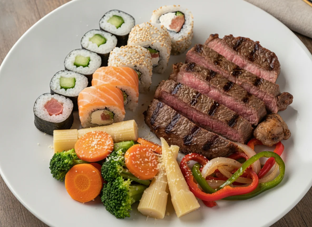 Prato variado com carne grelhada, sushi e legumes photo