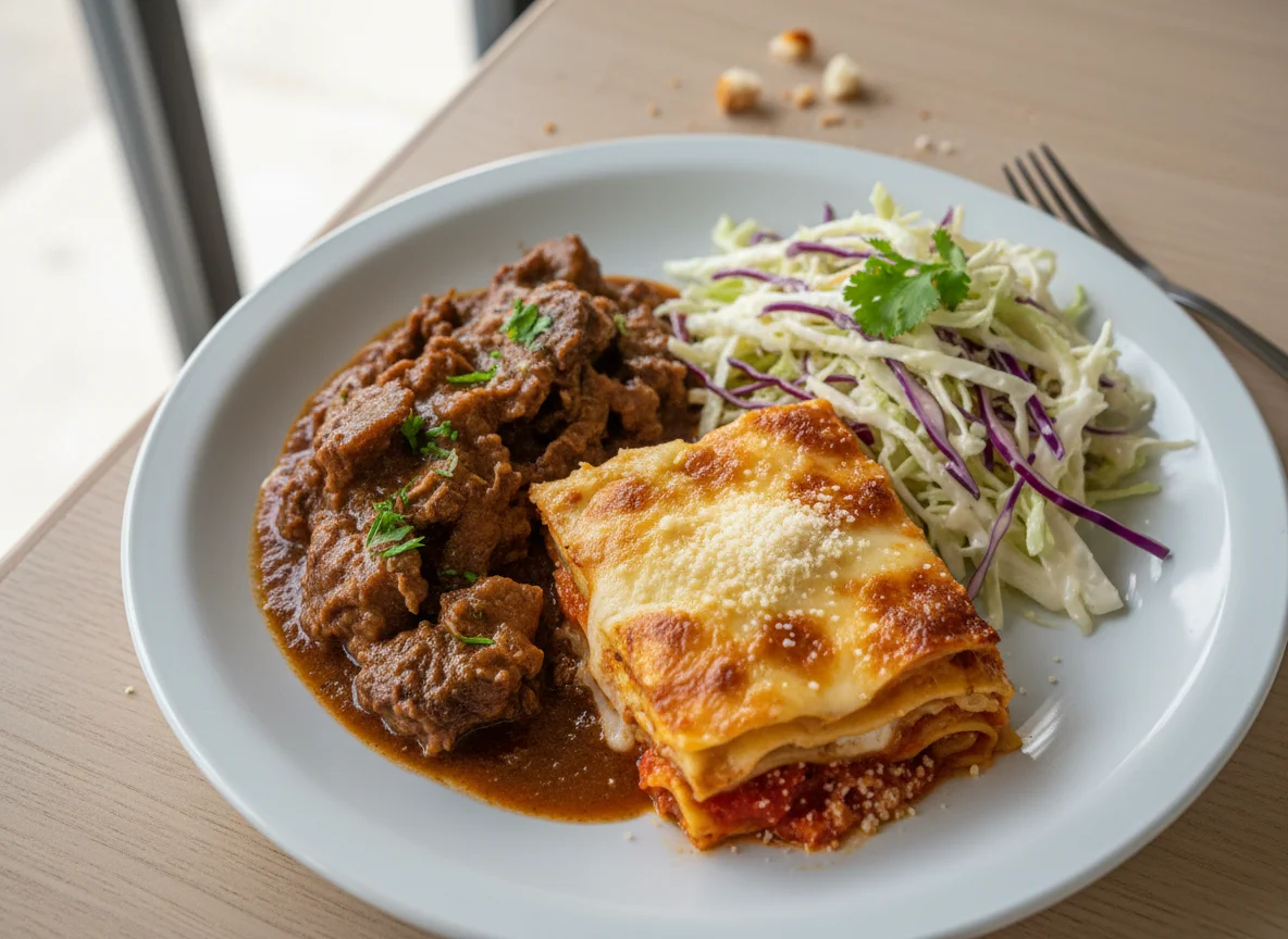 Prato variado com carne, lasanha e salada photo