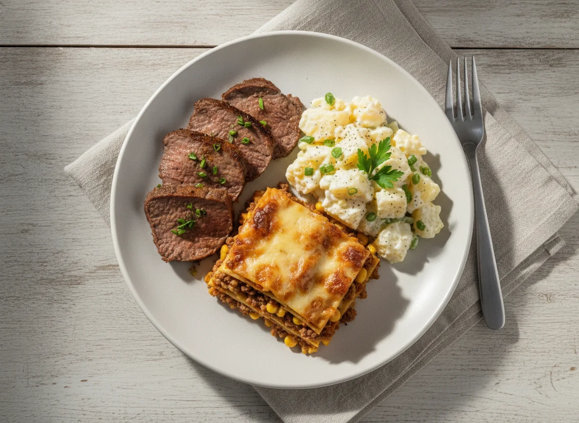 Prato variado com carne, lasanha e salada de batata photo