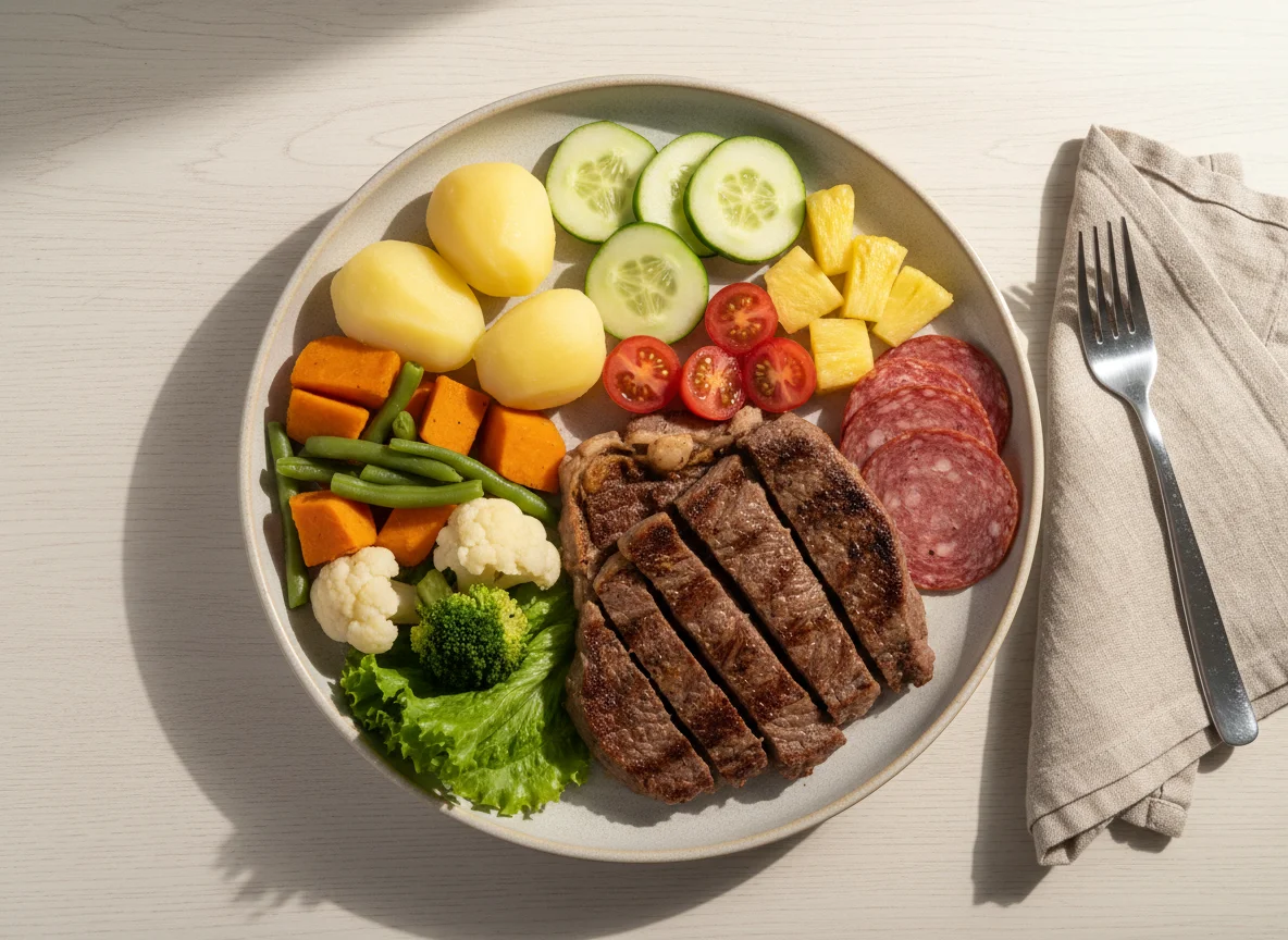Prato variado com carne, legumes e frutas photo