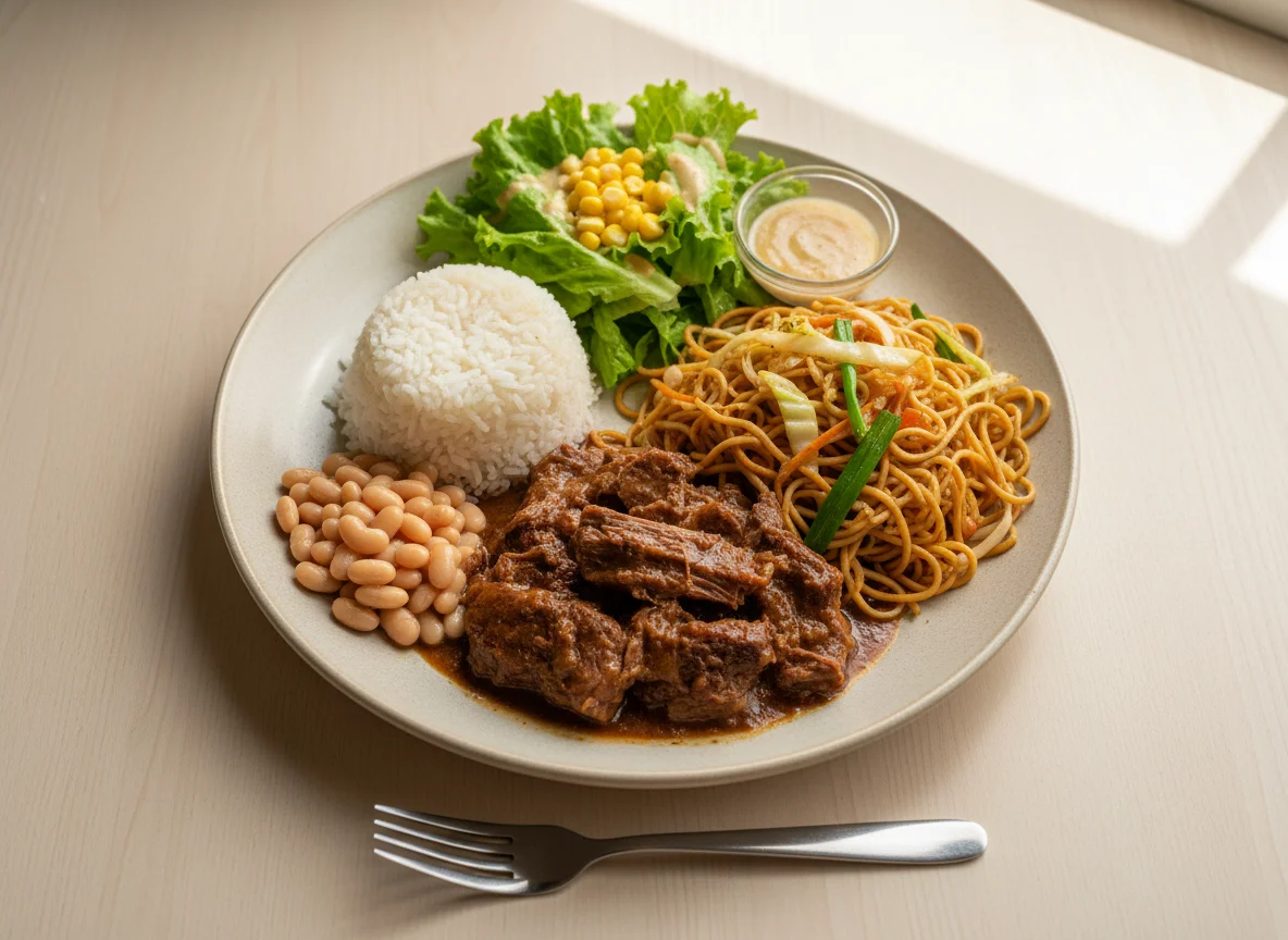 Prato variado com carne, macarrão e salada photo