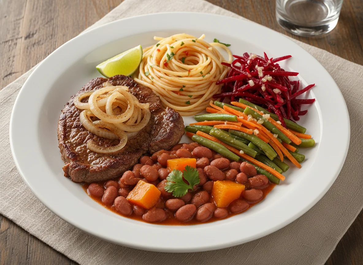 Prato variado com carne, macarrão, feijão e salada photo