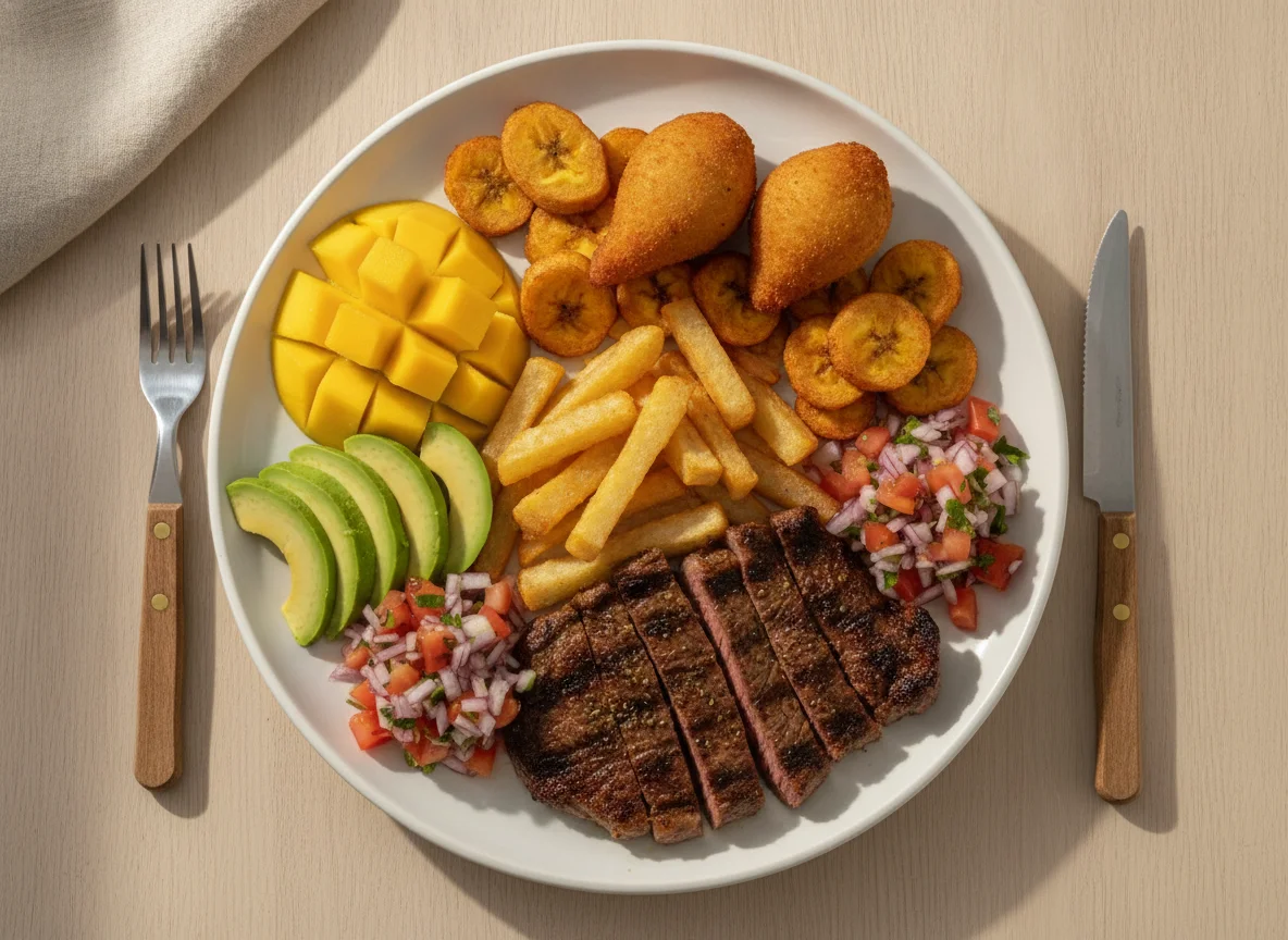 Prato variado com carne, manga, abacate e fritos photo
