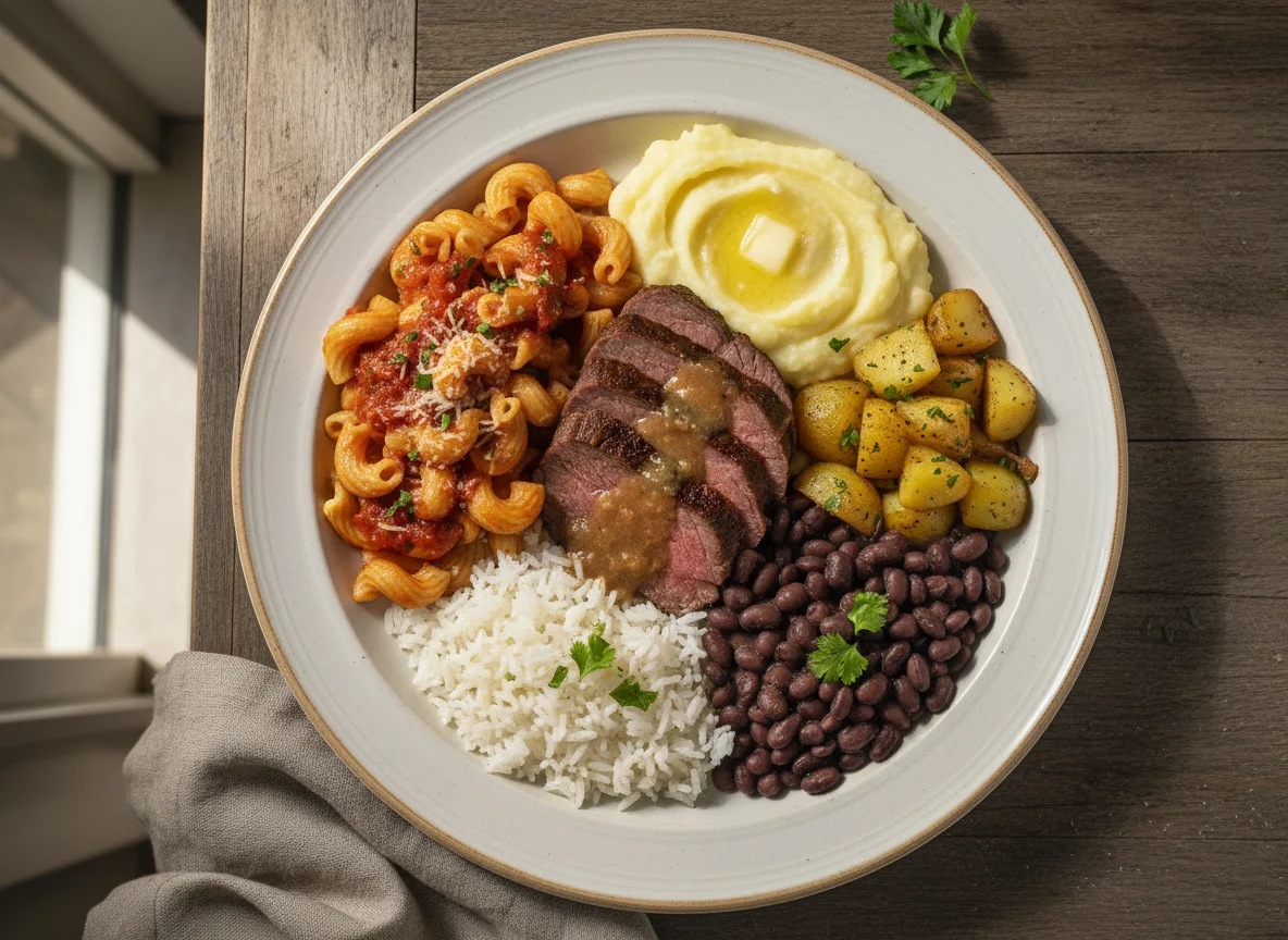 Prato variado com carne, massa e acompanhamentos photo