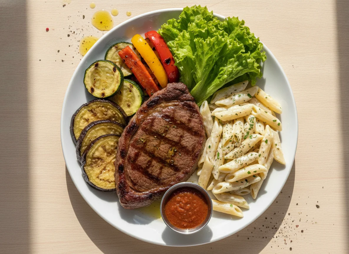 Prato variado com carne, massa e legumes photo