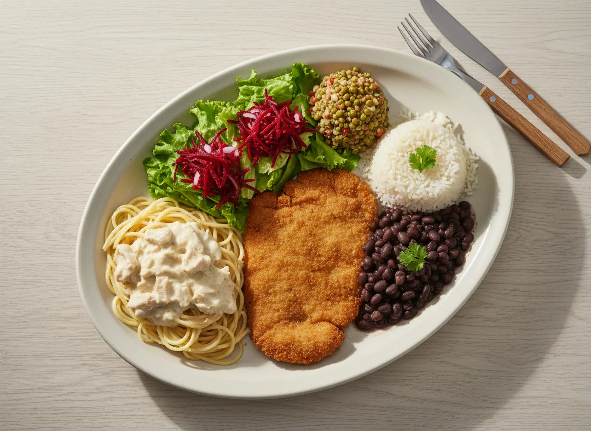 Prato variado com carne, massa e salada photo