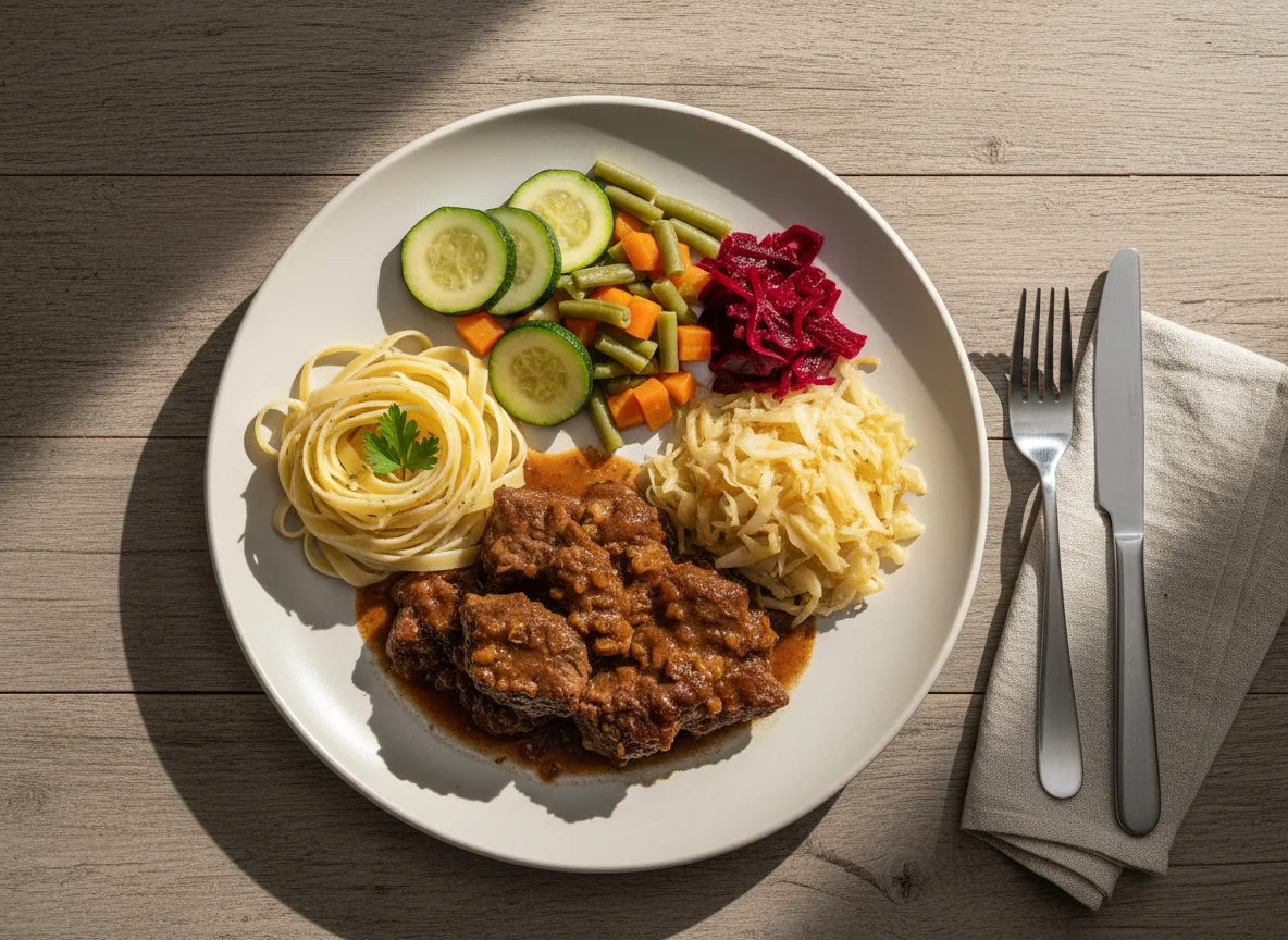 Prato variado com carne, massa e saladas photo