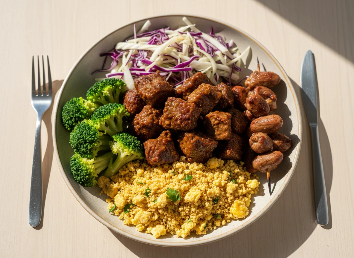 Prato variado com carne, miúdos e acompanhamentos photo