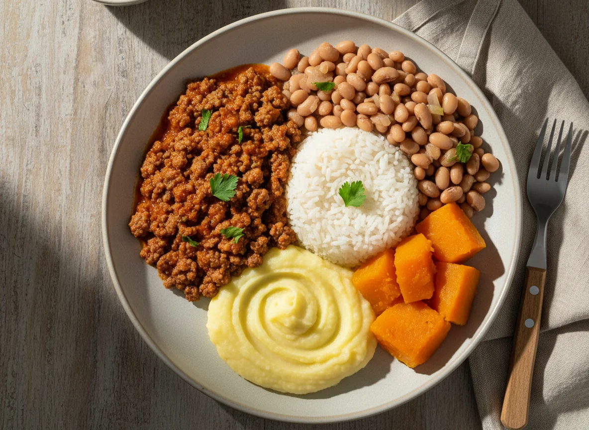 Prato variado com carne moída, arroz, feijão fradinho, purê de batata e abóbora photo