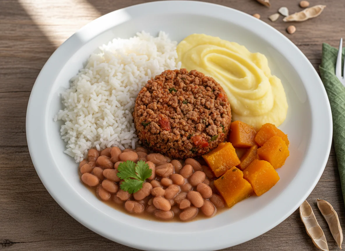Prato variado com carne moída, arroz, feijão, purê de batata e abóbora photo