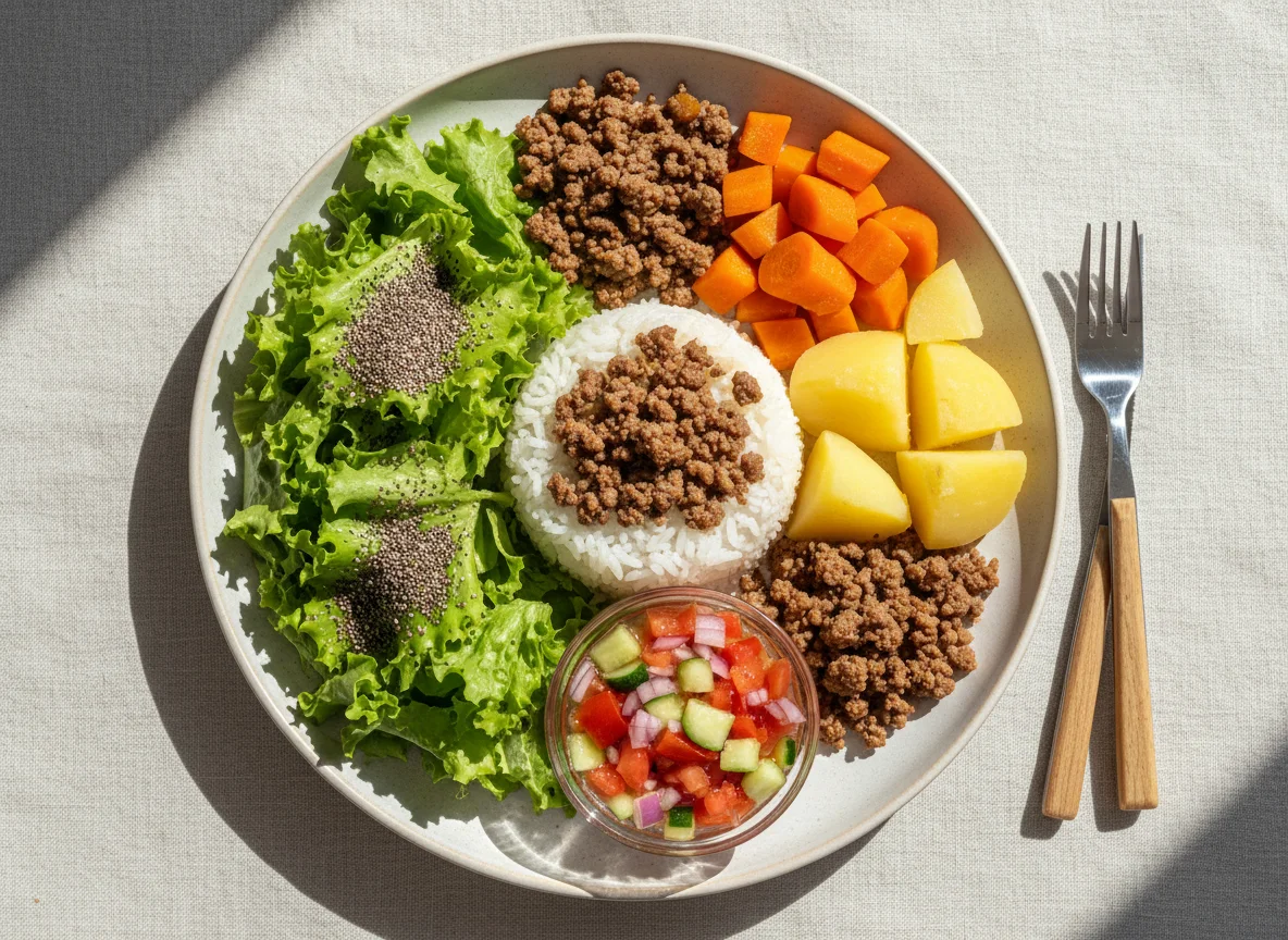 Prato variado com carne moída, arroz, salada e legumes photo