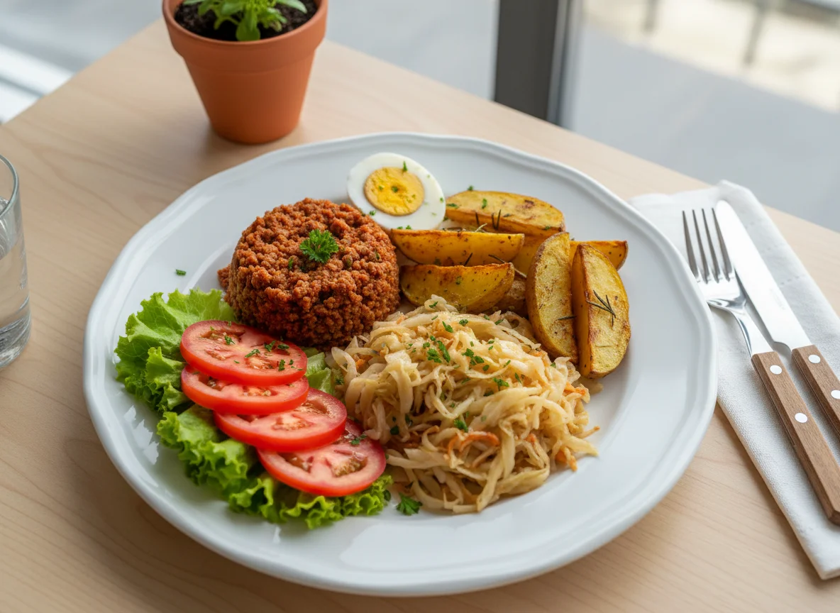 Prato variado com carne moída, batatas e salada photo