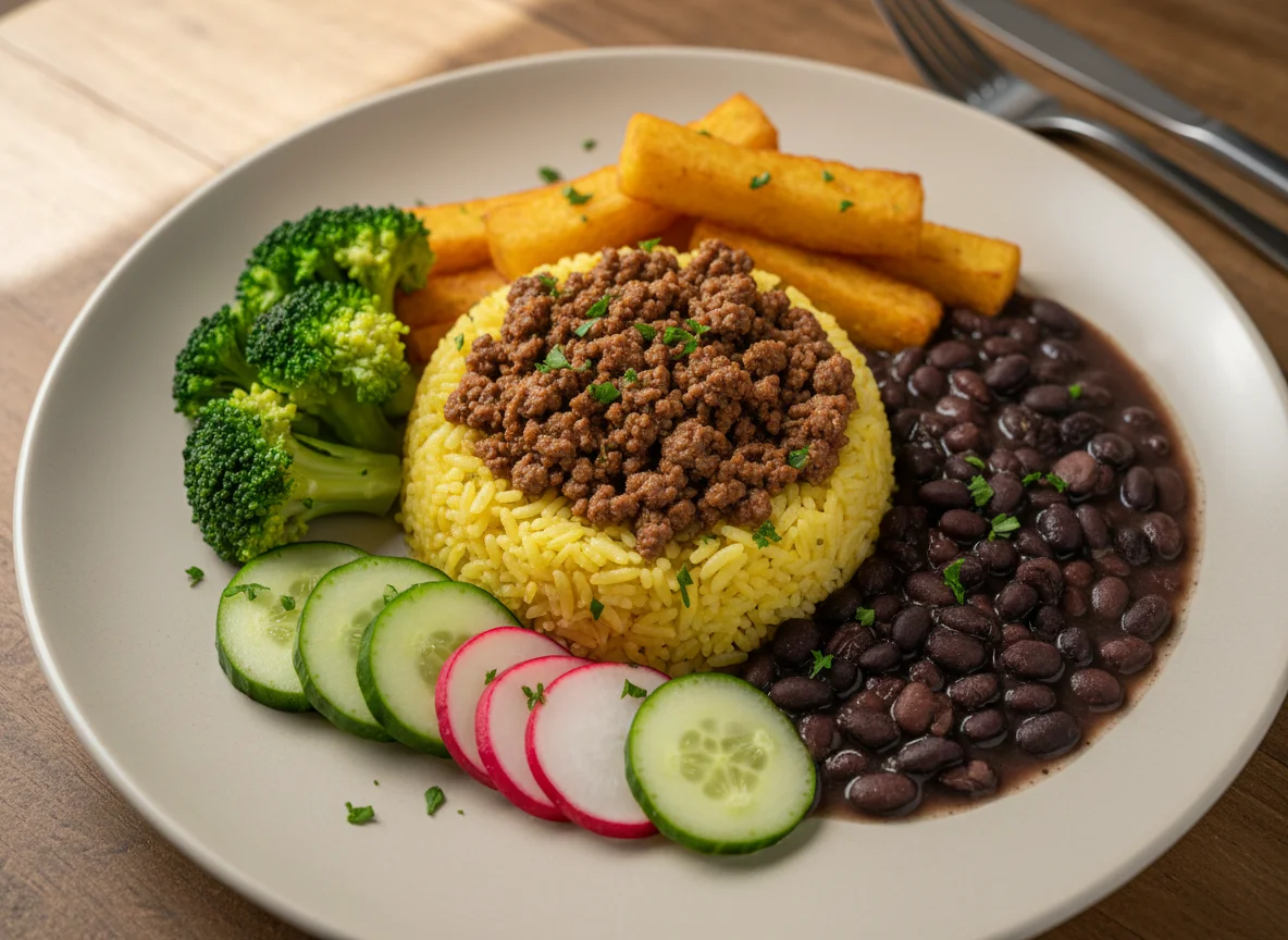 Prato variado com carne moída e acompanhamentos photo