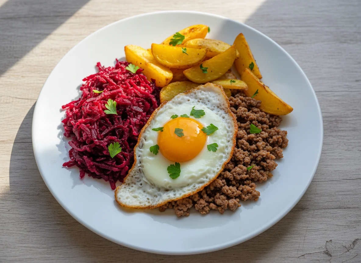 Prato variado com carne moída e beterraba photo