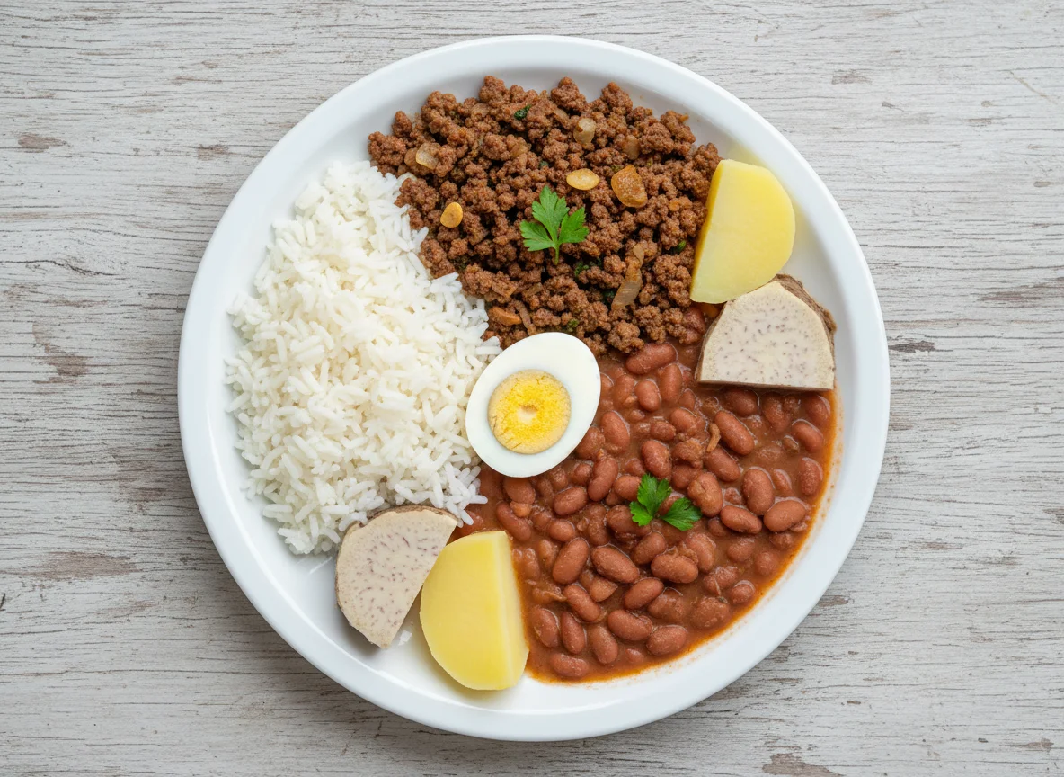 Prato variado com carne moída e feijão photo