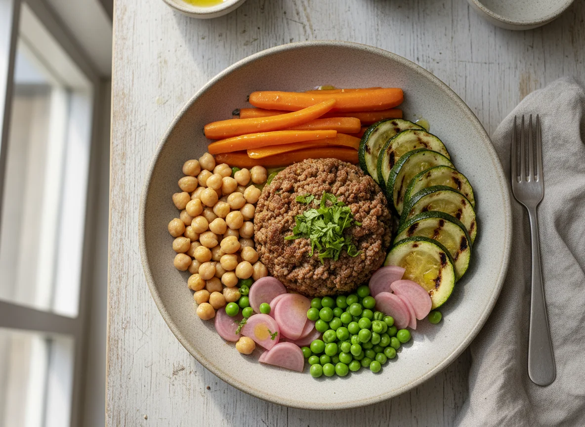 Prato variado com carne moída e legumes photo