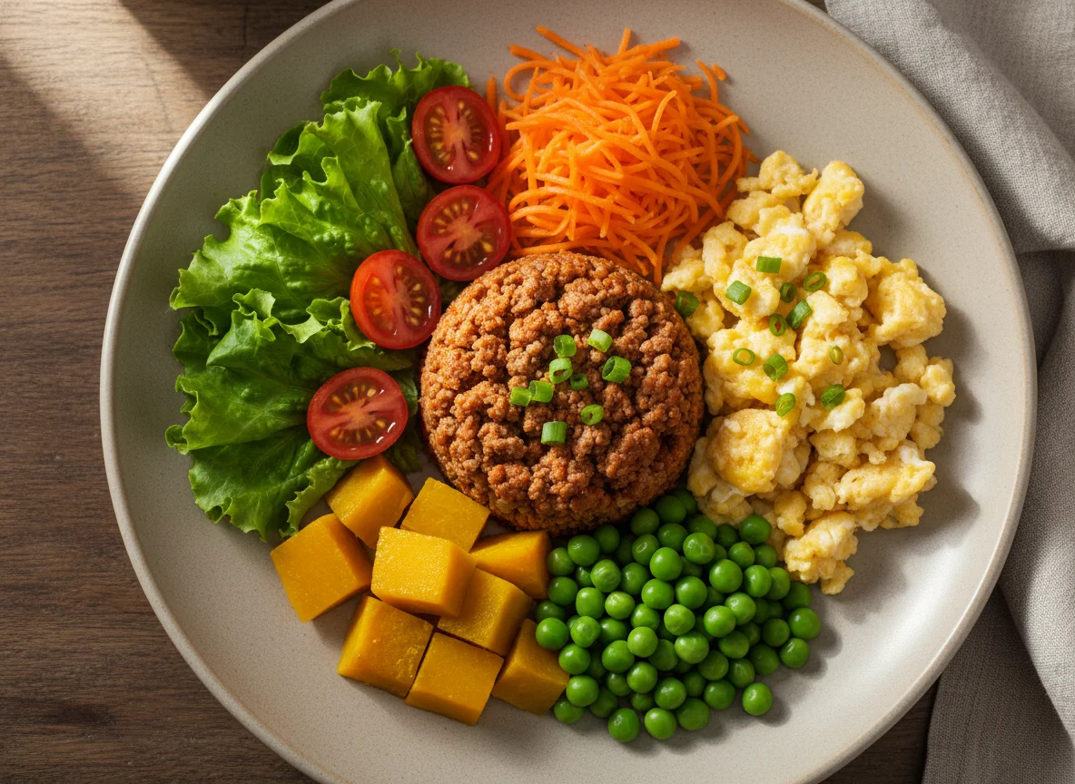 Prato variado com carne moída e ovos mexidos photo