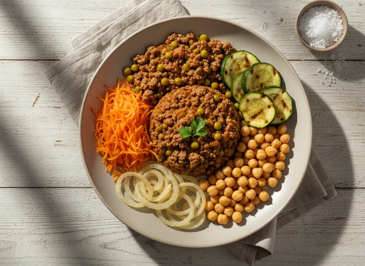 Prato variado com carne moída e salada photo