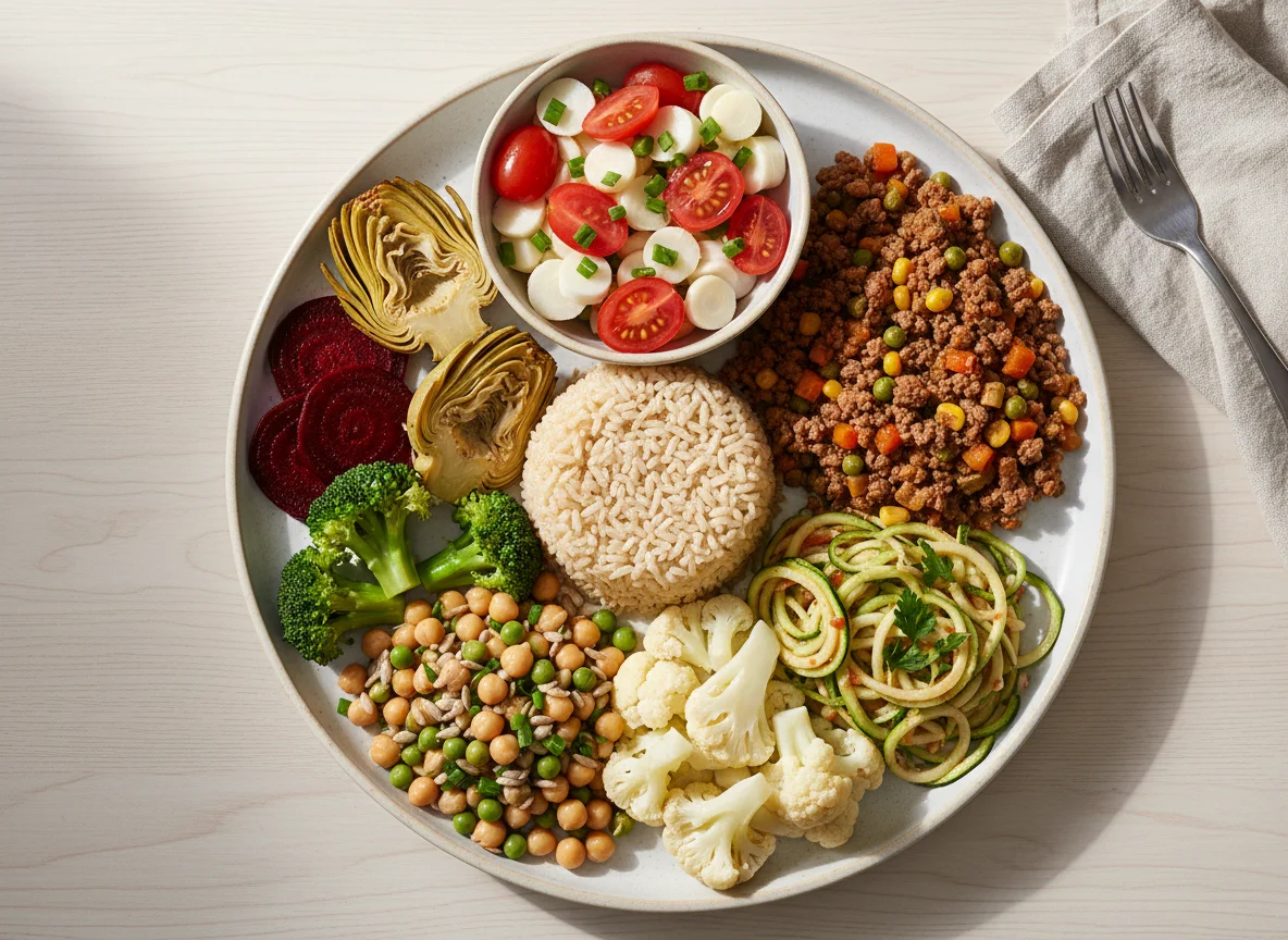 Prato variado com carne moída e vegetais photo