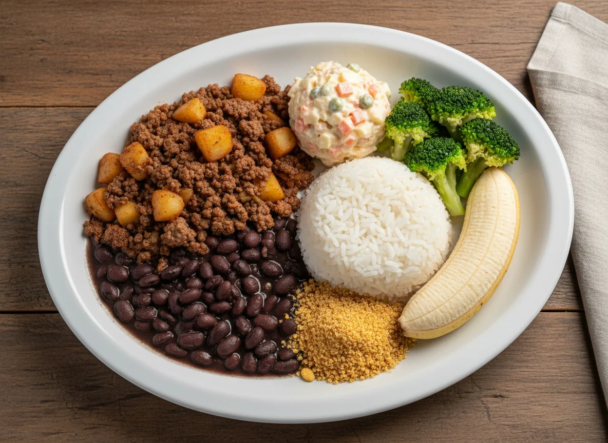 Prato variado com carne moída, feijão, arroz, farofa, brócolis e banana photo