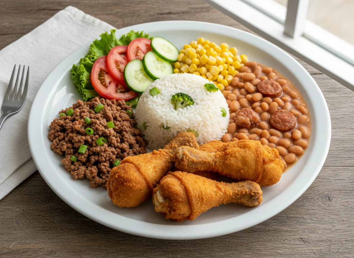 Prato variado com carne moída, feijão, arroz, milho, salada e frango empanado photo