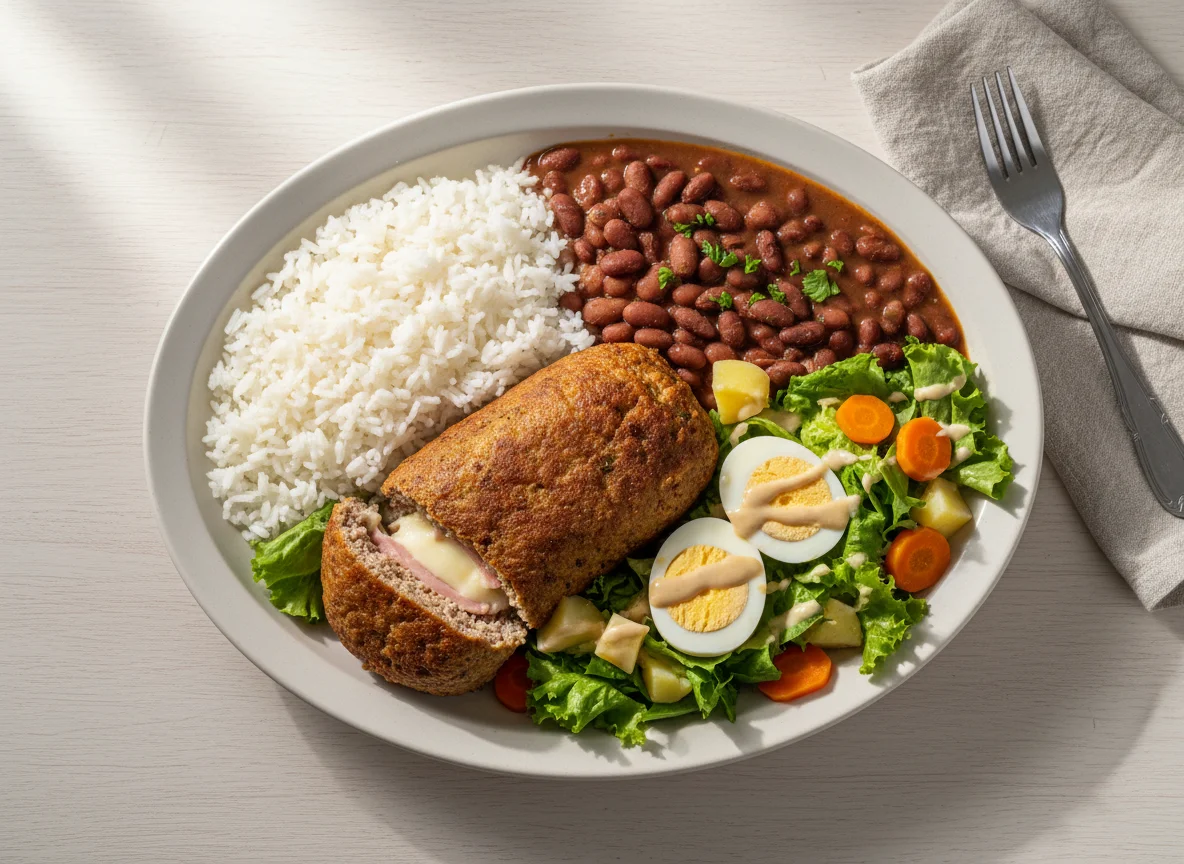 Prato variado com carne moída, feijão e salada photo