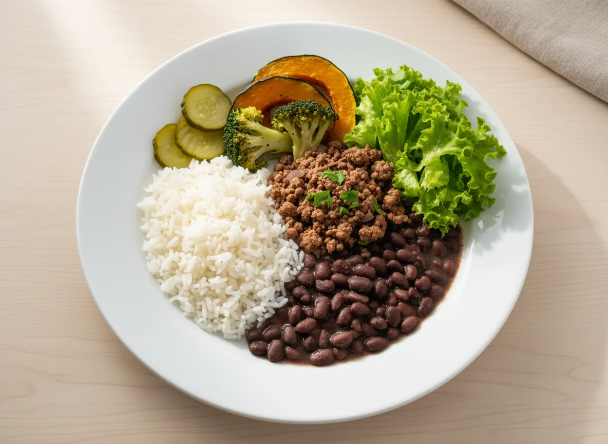 Prato variado com carne moída, feijão e vegetais photo