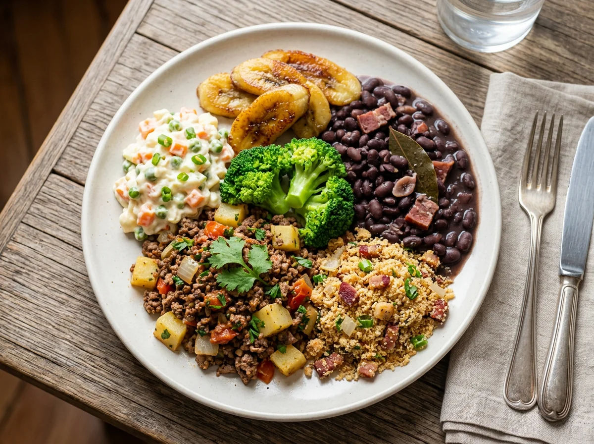 Prato variado com carne moída, feijão, farofa, brócolis e banana photo