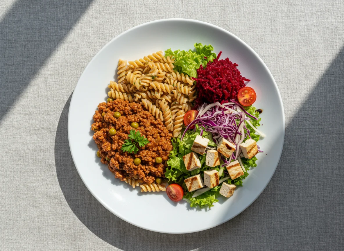 Prato variado com carne moída, massa e salada photo