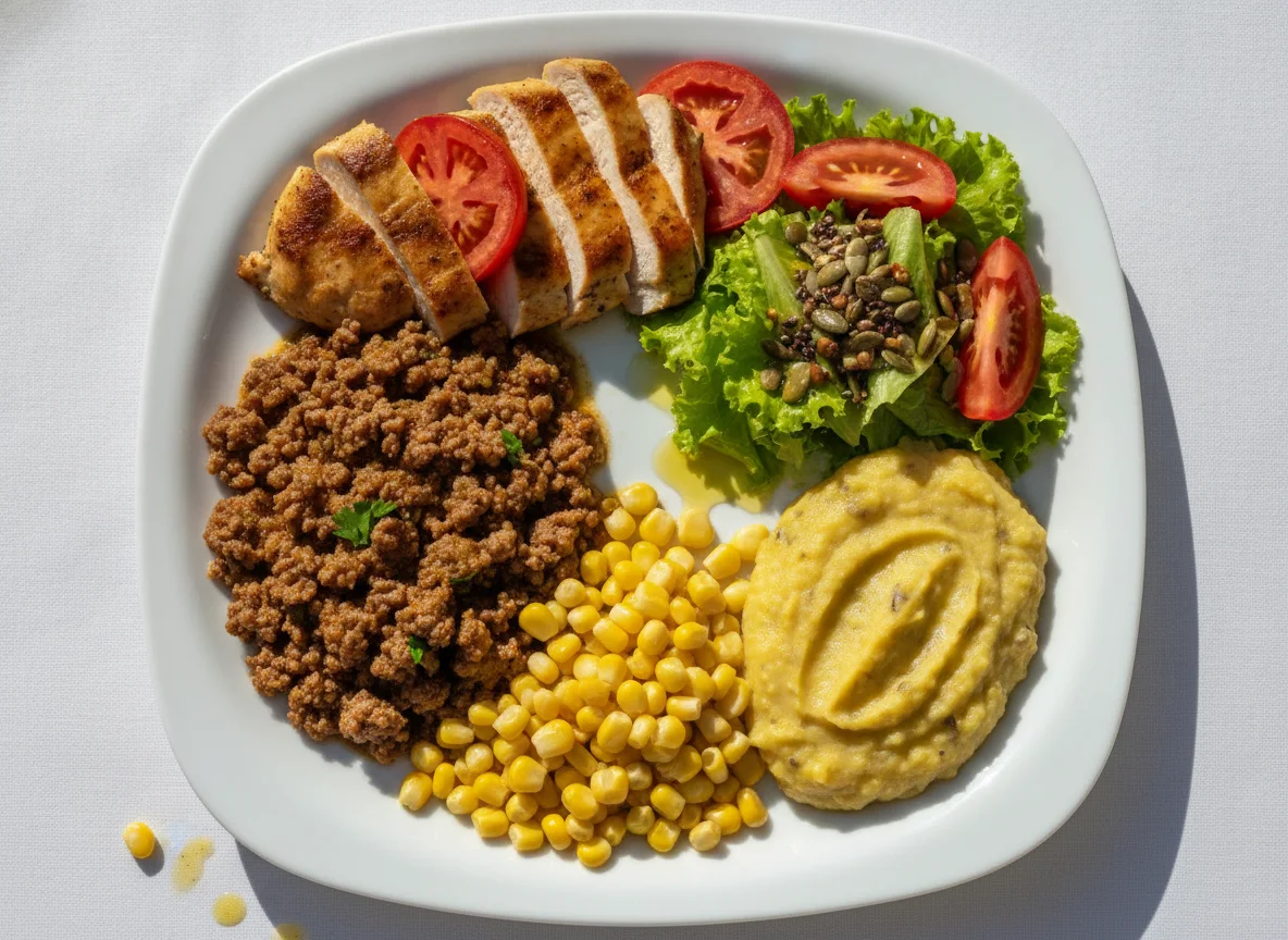 Prato variado com carne moída, milho e purê de banana da terra photo
