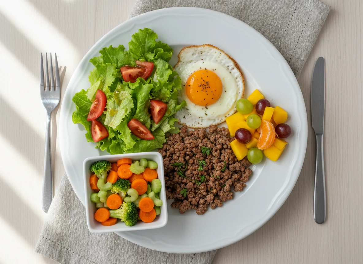 Prato variado com carne moída, ovo e salada de frutas e vegetais photo